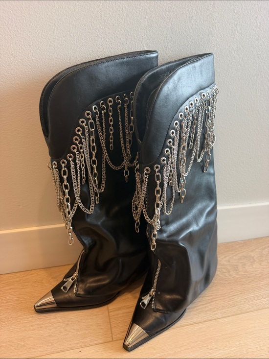 AKIRA Shoes - AKIRA Black Chain Fringe Western Heeled Boots with Silver Toe Caps